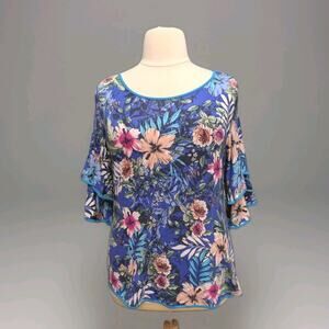 Cable & Gauge Knit Top Sz XL Floral Ruffle Half Sleeve Blue Pink